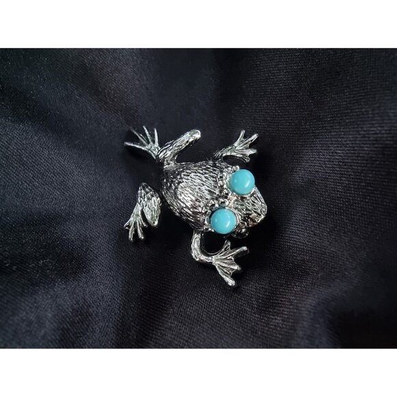 Vintage EMMONS Signed Silver Frog Faux Turquoise Eyes Brooch Pin - Picture 1 of 5